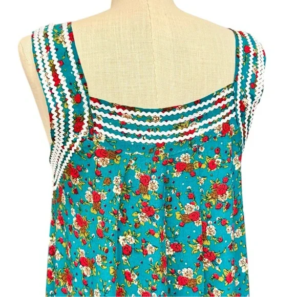 Vintage Cottagecore Floral Maxi Dress Handmade MuuMuu Style Teal S/M - Picture 6 of 10